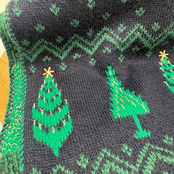 Talbots Whimsy Fair Isle Scarf blue green Trees Holiday Festive Navy Green Gold - Picture 2 of 10